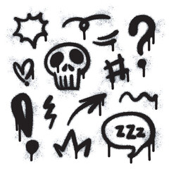 Wall Mural - Collection of graffiti image symbols. Spray painted graffiti pattern with exclamation marks,  arrows, crown hearts, stars, fences, skulls and fists. Spray paint element. Street art style illustration.