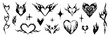 Set of hand drawn y2k style flame tribal elements, star, fire, heart shape. Trendy grunge scrawl icon for stickers. Freehand pencil drawing vector illustration.