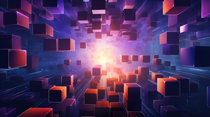 Poster - abstract futuristic 3d floating cubic elements with deep blue, vibrant orange, and electric purple colors. abstract background template
