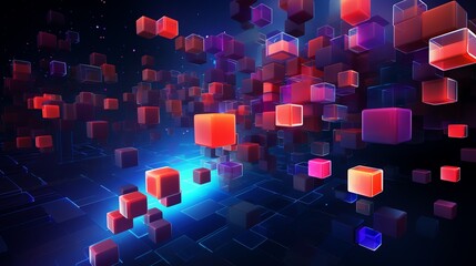 Sticker - abstract futuristic 3d floating cubic elements with deep blue, vibrant orange, and electric purple colors. abstract background template