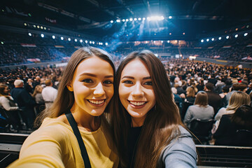 Wall Mural - Selfie image of two young women at a concert in a giant indoor arena