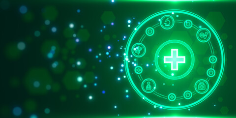 creative round medical interface with cross and other icons on green background. Healthcare and innovation concept. 3D Rendering.