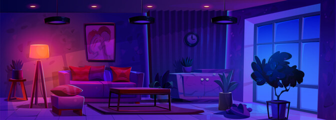 Modern living room in night apartment. Vector cartoon illustration of home interior in scandinavian style, cozy dark house interior with furniture and large window, cushions on sofa, floor lamp light