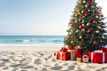 glowing Christmas tree with gift boxes on the ocean with palm trees. A tourist trip for Christmas and New Year to tropical countries, a vacation at the sea. Copy space.