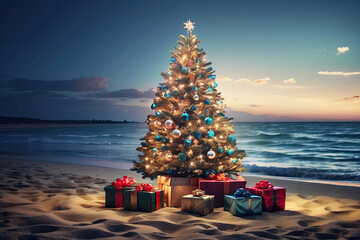 glowing Christmas tree with gift boxes on the ocean with palm trees. A tourist trip for Christmas and New Year to tropical countries, a vacation at the sea. Copy space.