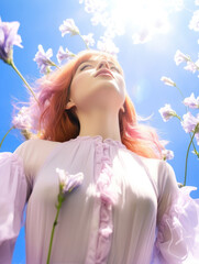 Poster - Portrait of beautiful girl in field with bluebell flowers, sky background