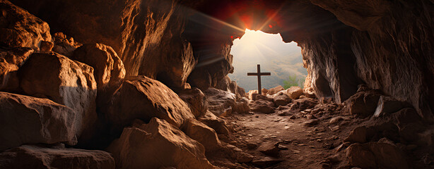 Wall Mural - Christian easter background, He has risen, concept of tomb of Jesus