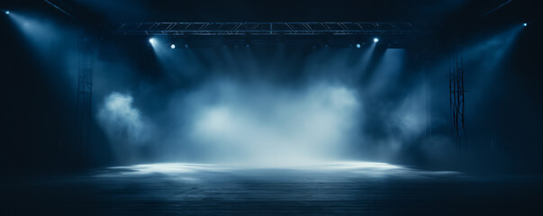 empty stage with spotlights and smoke banner background with copy space