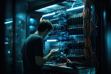 Wall Mural - A focused network engineer configuring network hardware in a server room, ensuring seamless communication infrastructure. Generative AI.