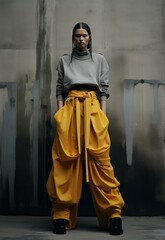 Poster - A model in yellow pants and a grey sweater. Generative AI.