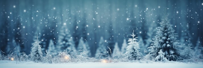 Wall Mural - winter landscape Pine trees with snow and forest in the background Abstract blurred snowflakes