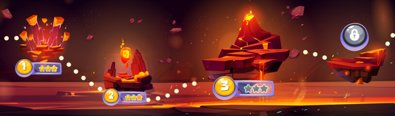 Wall Mural - arcade game map with floating volcanic islands. vector cartoon illustration of prehistoric landscape