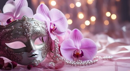 Wall Mural - a white, silver, orchid shaped mask is standing next to pearls and beads