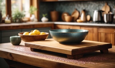 Wall Mural - wooden table with wood board table in front of bowl. Kitchen background. glitter overlay, wide view 