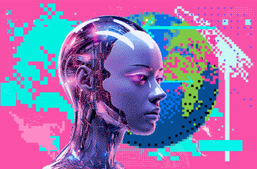 Aufkleber - Pixel art of an artificial robotic humanoid head with wires coming from the skull. 