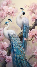 Two Beautiful Peacock Perched On Pink Flower Blossom Tree, Generative Ai