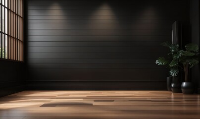 Wall Mural - the interior background for the presentation showcases a wooden floor and a soft black wall, complemented by an intriguing glare from the window