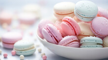 Colorful Closeup French Macarons On Dish With Blurred Background And Beads Variety Of Pastel Color. Sweet And Dessert, Colorful French Desserts Banner With Copyspace. 