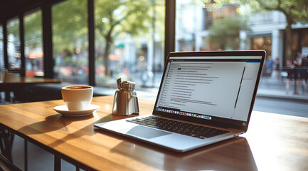 Wall Mural - laptop on the table at the cafe, coffee shop, coffee besides the laptop programming, chill vibe, rel
