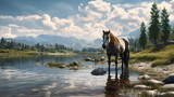 Fototapeta  - The horse drinks water on the river