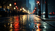 Rainy Night on City Streets, Wet city streets reflect the glow of streetlights on a rainy night, creating an atmosphere of urban solitude