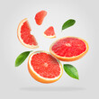 Pieces of grapefruit and green leaves falling on light gray background