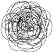 Curly ball of astrakhan fur. Sketch. Chaotic squiggles. Black and white vector illustration. Hand drawing. A tangled ball. Outline on isolated background. Idea for web design.