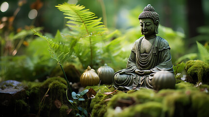 buddha statue on a rock in a blurred green bamboo jungle with smooth water surface, fresh natural sp