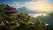 a house in the middle of a small garden, in the style of iban art, photo-realistic techniques, thai art, mountainous vistas, 32k uhd, grocery art, joyful celebration of nature