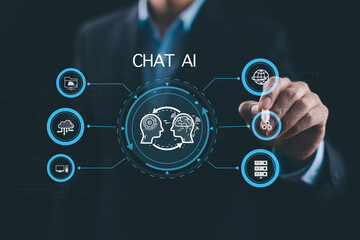 AI tech, Business person chatting with a smart AI using an artificial intelligence chatbot developed by OpenAI, Artificial Intelligence, Futuristic technology transformation, Searching for Education