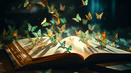 Wall Mural - Open pages old magic book on a wooden table close-up macro and departing from the pages of paper butterflies on a blurred background.