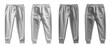 2 Set of white and light grey gray, front back view sweatpants jogger sports trousers bottom pants on transparent background, PNG file. Mockup template for artwork design