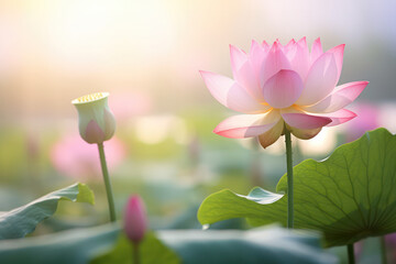 Poster - Graceful Bloom, Pink Lotus Blossom Captured in Soft Floral Elegance Against a Blurry Background.