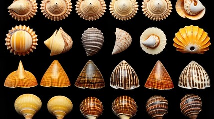 A collection of particularly beautiful decorative seashell shells. Isolated on black background. Generative AI