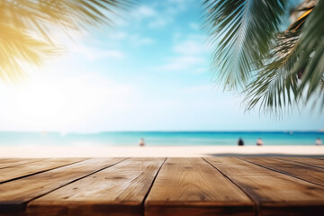 Wall Mural - Empty wooden table and palm leaves with party on beach blurred background and beautiful sea 