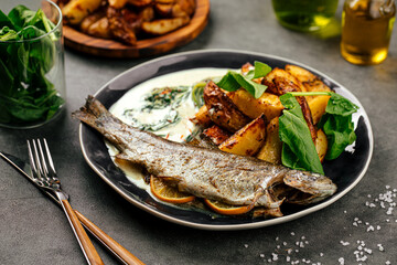 Wall Mural - Portion of cooked grilled fish with potato and sauce