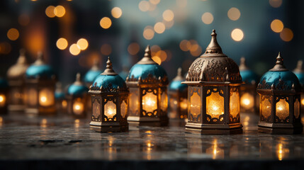 Wall Mural - A lantern is placed on a wooden table with a beautiful background for the Muslim feast of the holy month of Ramadan Kareem.