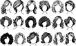 Vector woman hairstyle silhouette set . black Illustration hairstyles for girls in various themes. Hand drawn collection V1