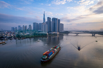 Wall Mural - Sunrise on Saigon riverside, Ho Chi Minh city, Vietnam