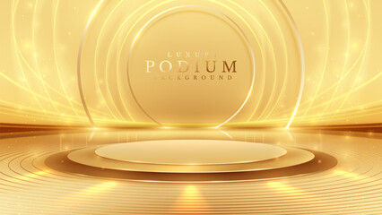 Wall Mural - golden empty podium on brown background with neon light effect with bokeh decoration. elegant scene 