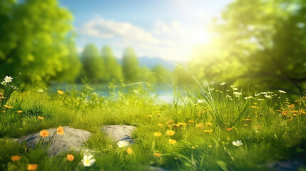 Sticker - A beautiful spring summer meadow. Natural colorful panoramic landscape with many wild flowers of daisies against blue sky. A frame with soft selective focus.