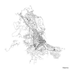 Wall Mural - Palermo city map with roads and streets, Italy. Vector outline illustration.