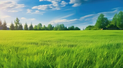 Wall Mural - Beautiful blurred background image of spring nature with a neatly trimmed lawn surrounded by trees against a blue sky with clouds on a bright sunny day.