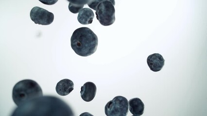 Aufkleber - Super Slow Motion of Falling Blueberries on White Background, Top View. Filmed on High Speed Cinema Camera, 1000 fps.