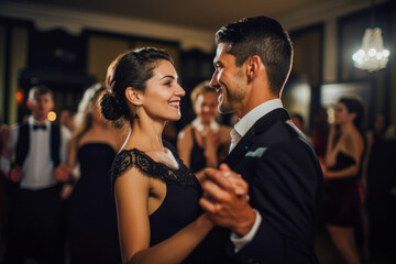 Wall Mural - Intimate couple in the middle of a dance, spotlight, ballroom setting. Performing classical dances, waltz. Wearing elegant dress and tuxedo.