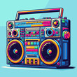 Boombox. Colorful stereo recorder for listening radio music on tape cassette Vector illustration in flat style.