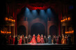 Singers on stage wearing beautiful dresses. Female and male opera singers performing the opera show in the opera house.