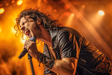 Rock singer on the concert. Male's silhouette illuminated by stage lights at a rock concert.