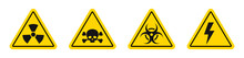 Danger Signs. Danger, Warning Sign Icon Set. Poison, Toxic, Biohazard Caution Sign. Yellow Triangle Warning Symbol Element.