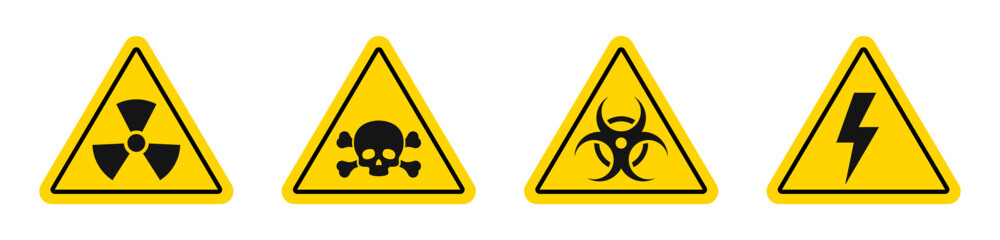 Danger signs. Danger, warning sign icon set. Poison, toxic, biohazard caution sign. Yellow triangle warning symbol element.